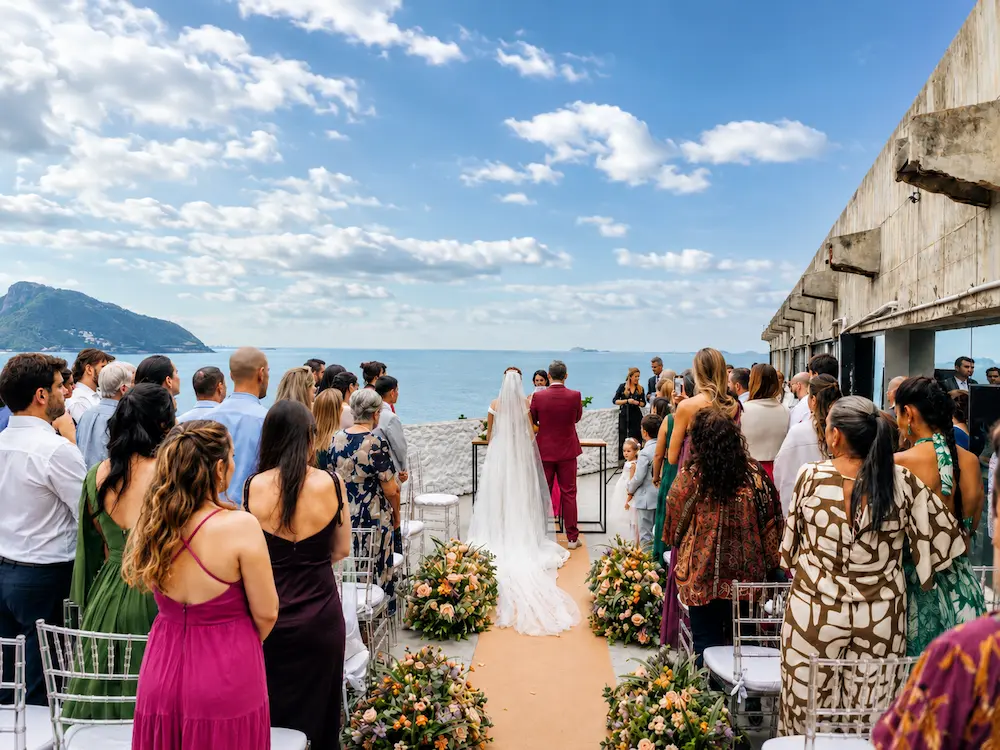 Cerimônia de casamento no mezanino do Brava Rio com vista para o mar